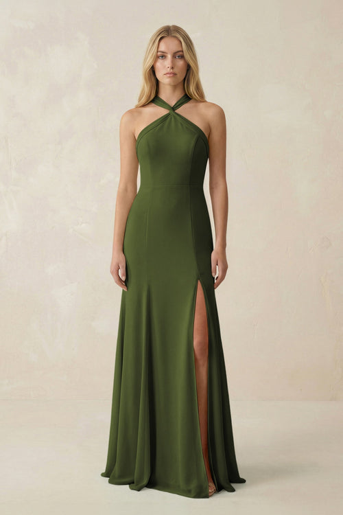 Halter Chiffon Mermaid Ruched Bridesmaid Dress in Olive - KissProm Bridesmaid Dresses