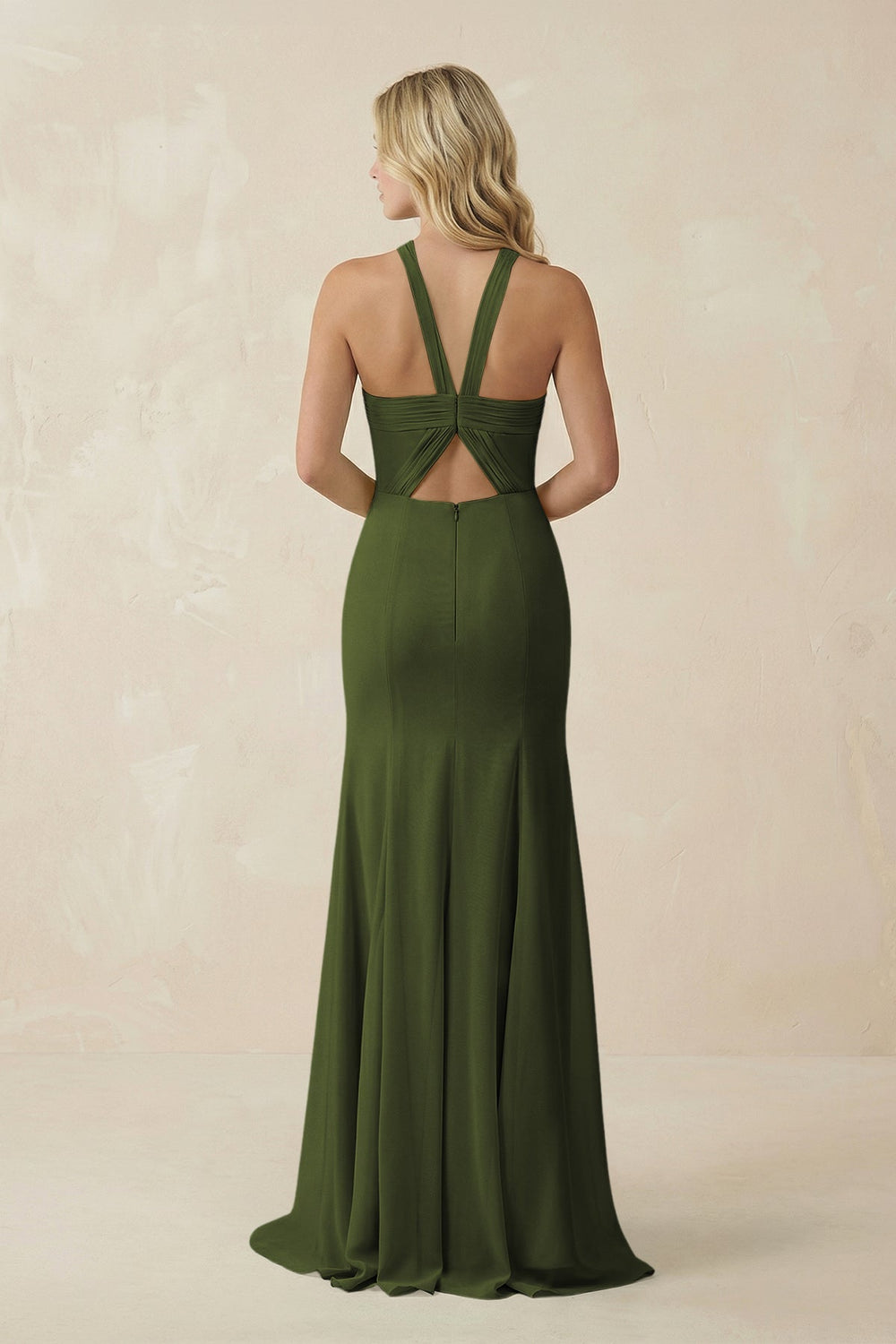 Halter Chiffon Mermaid Ruched Bridesmaid Dress in Olive - KissProm Bridesmaid Dresses