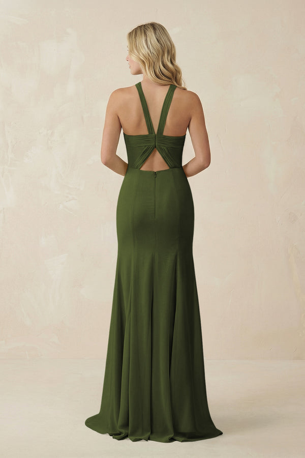 Halter Chiffon Mermaid Ruched Bridesmaid Dress in Olive - KissProm Bridesmaid Dresses