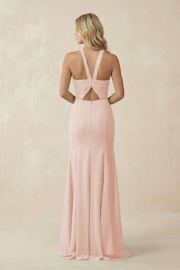 Halter Chiffon Mermaid Ruched Bridesmaid Dress in Pale Blush - KissProm Bridesmaid Dresses