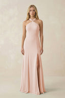 Halter Chiffon Mermaid Ruched Bridesmaid Dress in Pale Blush - KissProm Bridesmaid Dresses