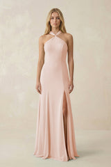 Halter Chiffon Mermaid Ruched Bridesmaid Dress in Pale Blush - KissProm Bridesmaid Dresses