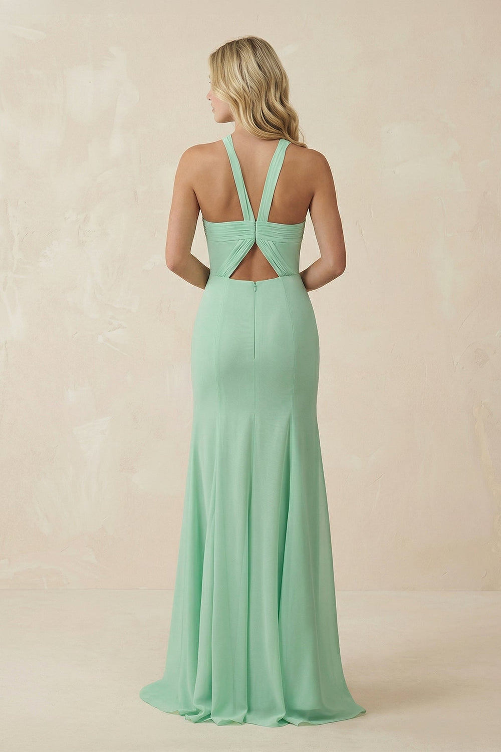 Halter Chiffon Mermaid Ruched Bridesmaid Dress in Pale Pistachio - KissProm BRIDESMAID DRESSES