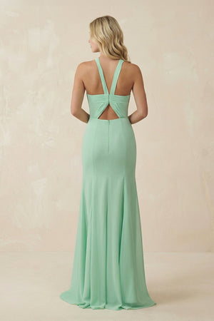 Halter Chiffon Mermaid Ruched Bridesmaid Dress in Pale Pistachio - KissProm BRIDESMAID DRESSES