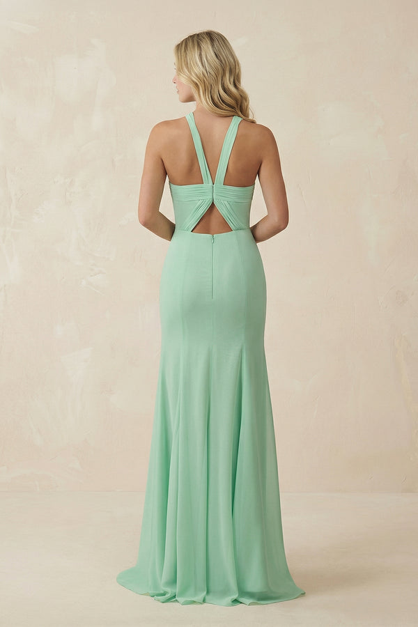 Halter Chiffon Mermaid Ruched Bridesmaid Dress in Pale Pistachio - KissProm BRIDESMAID DRESSES