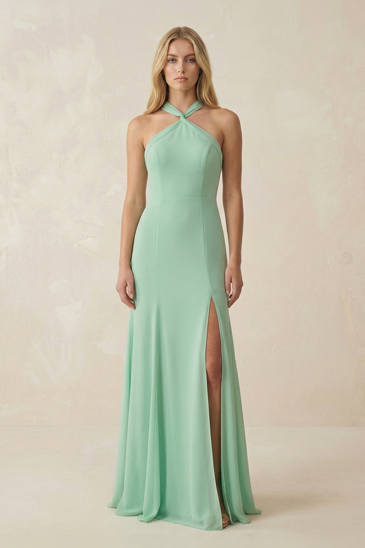 KissProm Halter Chiffon Mermaid Ruched Bridesmaid Dress in Pale Pistachio, Pale Pistachio / 8