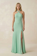 Halter Chiffon Mermaid Ruched Bridesmaid Dress in Pale Pistachio - KissProm BRIDESMAID DRESSES