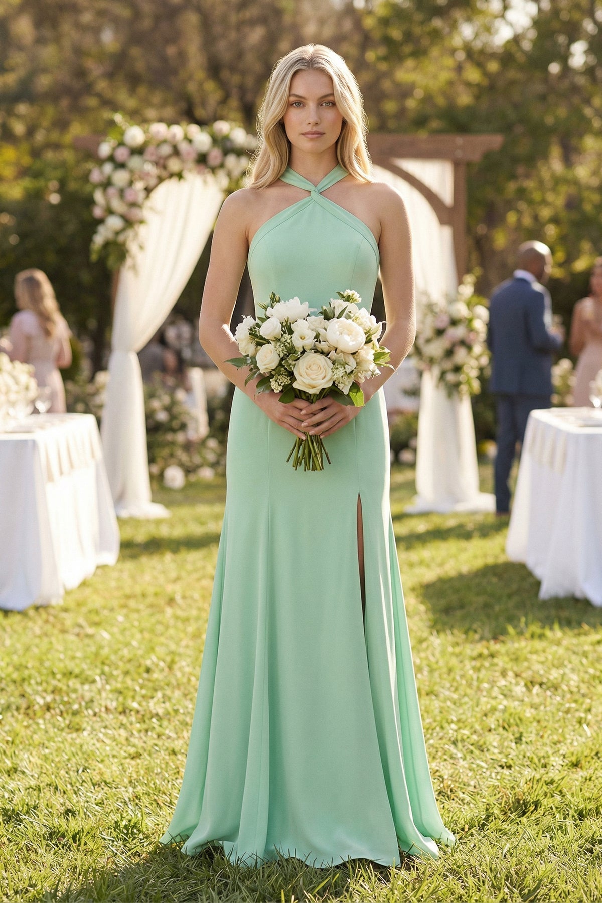 Halter Chiffon Mermaid Ruched Bridesmaid Dress in Pale Pistachio, Pale Pistachio / 8 Halter Chiffon Mermaid Ruched Bridesmaid Dress in Pale Pistachio, Pale Pistachio / 8