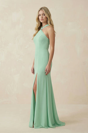 Halter Chiffon Mermaid Ruched Bridesmaid Dress in Pale Pistachio - KissProm BRIDESMAID DRESSES