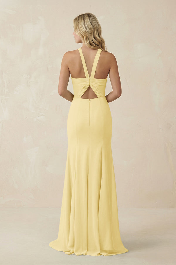 Halter Chiffon Mermaid Ruched Bridesmaid Dress in Pastel Yellow - KissProm Bridesmaid Dresses