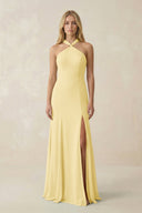 Halter Chiffon Mermaid Ruched Bridesmaid Dress in Pastel Yellow - KissProm Bridesmaid Dresses