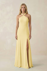 Halter Chiffon Mermaid Ruched Bridesmaid Dress in Pastel Yellow - KissProm Bridesmaid Dresses