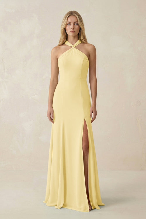 Halter Chiffon Mermaid Ruched Bridesmaid Dress in Pastel Yellow - KissProm Bridesmaid Dresses