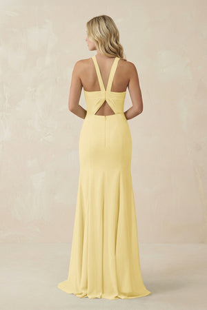 Halter Chiffon Mermaid Ruched Bridesmaid Dress in Pastel Yellow - KissProm Bridesmaid Dresses