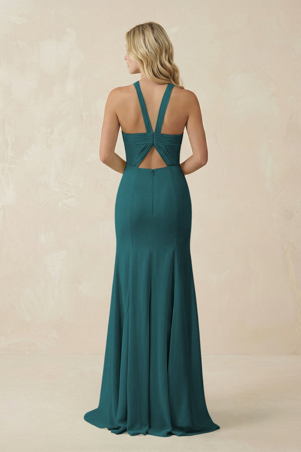 Halter Chiffon Mermaid Ruched Bridesmaid Dress in Pine - KissProm Bridesmaid Dresses