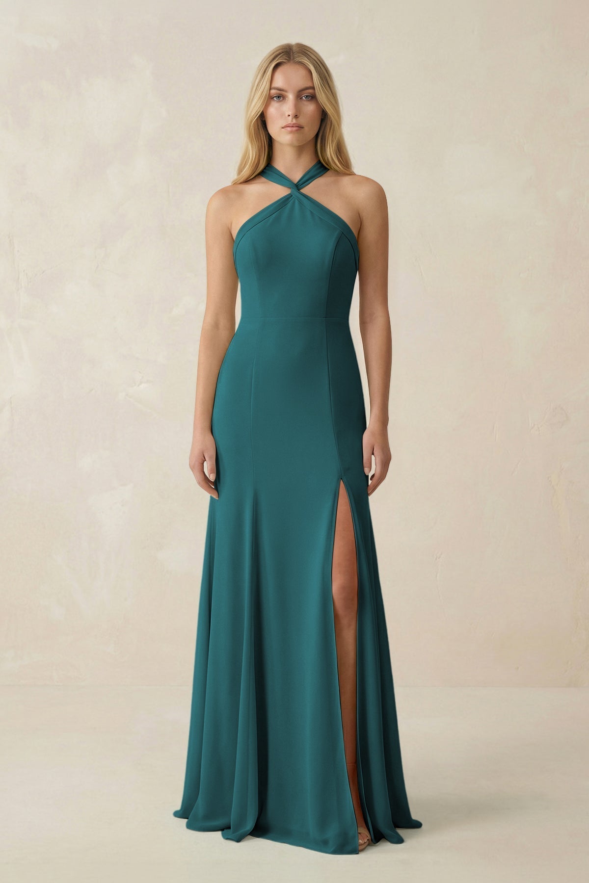 KissProm Halter Chiffon Mermaid Ruched Bridesmaid Dress in Pine, Pine / 24