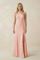 Halter Chiffon Mermaid Ruched Bridesmaid Dress in Rose Petal - KissProm Bridesmaid Dresses