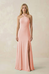 Halter Chiffon Mermaid Ruched Bridesmaid Dress in Rose Petal - KissProm Bridesmaid Dresses