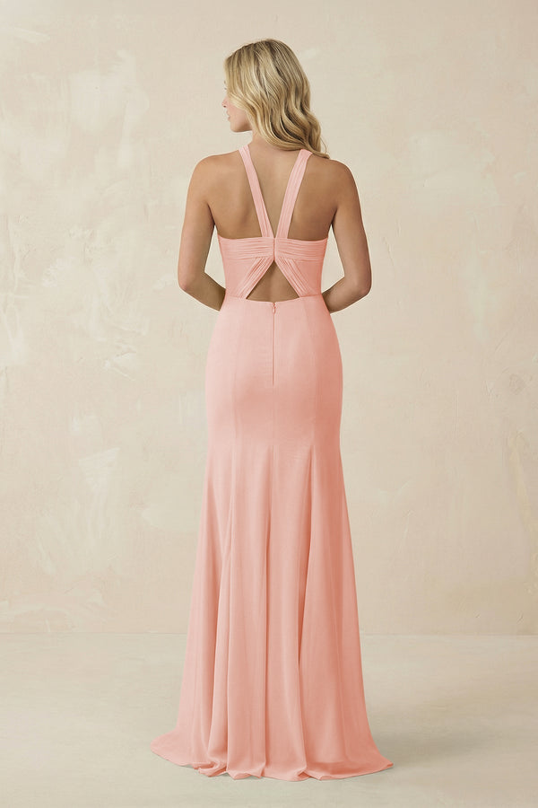 Halter Chiffon Mermaid Ruched Bridesmaid Dress in Rose Petal - KissProm Bridesmaid Dresses