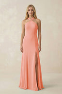 Halter Chiffon Mermaid Ruched Bridesmaid Dress in Rosette - KissProm Bridesmaid Dresses