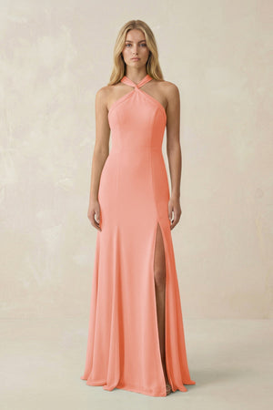 Halter Chiffon Mermaid Ruched Bridesmaid Dress in Rosette - KissProm Bridesmaid Dresses