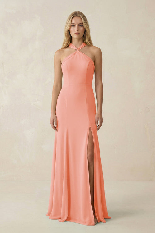Halter Chiffon Mermaid Ruched Bridesmaid Dress in Rosette - KissProm Bridesmaid Dresses