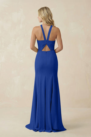 Halter Chiffon Mermaid Ruched Bridesmaid Dress in Royal Blue - KissProm Bridesmaid Dresses