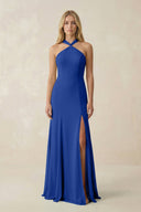 Halter Chiffon Mermaid Ruched Bridesmaid Dress in Royal Blue - KissProm Bridesmaid Dresses