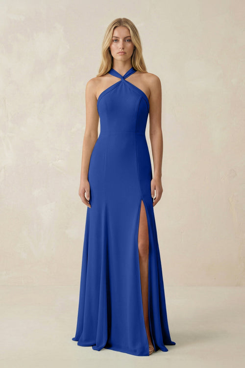 Halter Chiffon Mermaid Ruched Bridesmaid Dress in Royal Blue - KissProm Bridesmaid Dresses