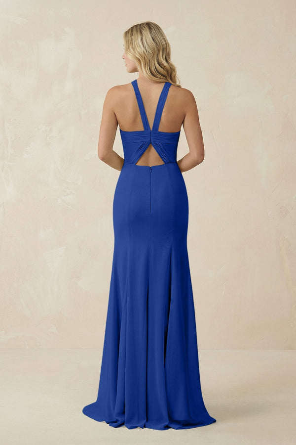 Halter Chiffon Mermaid Ruched Bridesmaid Dress in Royal Blue - KissProm Bridesmaid Dresses