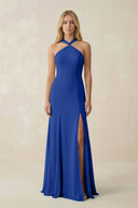 Halter Chiffon Mermaid Ruched Bridesmaid Dress in Royal Blue - KissProm Bridesmaid Dresses