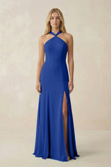 Halter Chiffon Mermaid Ruched Bridesmaid Dress in Royal Blue - KissProm Bridesmaid Dresses