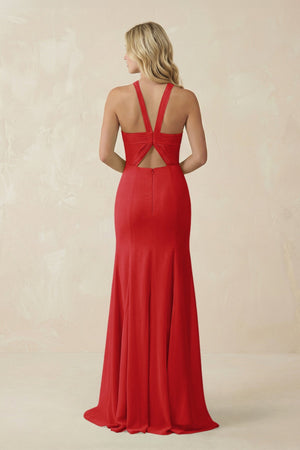 Halter Chiffon Mermaid Ruched Bridesmaid Dress in Ruby Red - KissProm Bridesmaid Dresses