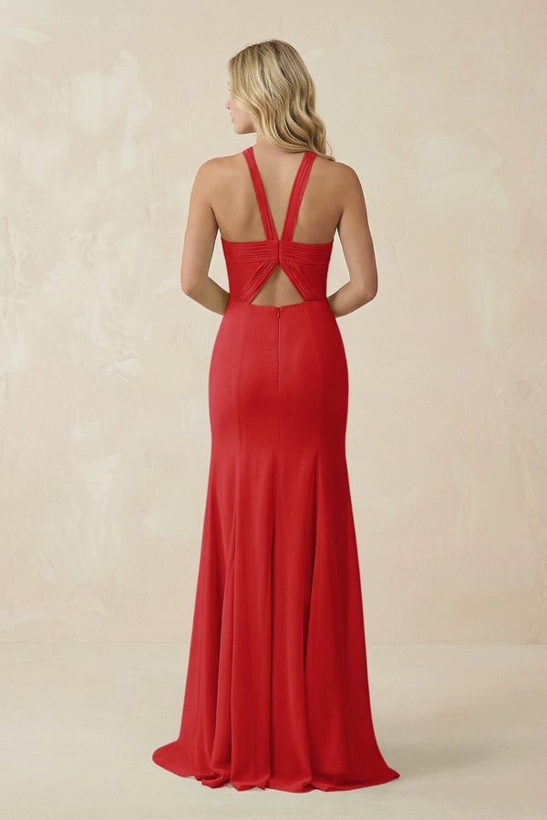 Halter Chiffon Mermaid Ruched Bridesmaid Dress in Ruby Red - KissProm Bridesmaid Dresses