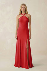 Halter Chiffon Mermaid Ruched Bridesmaid Dress in Ruby Red - KissProm Bridesmaid Dresses