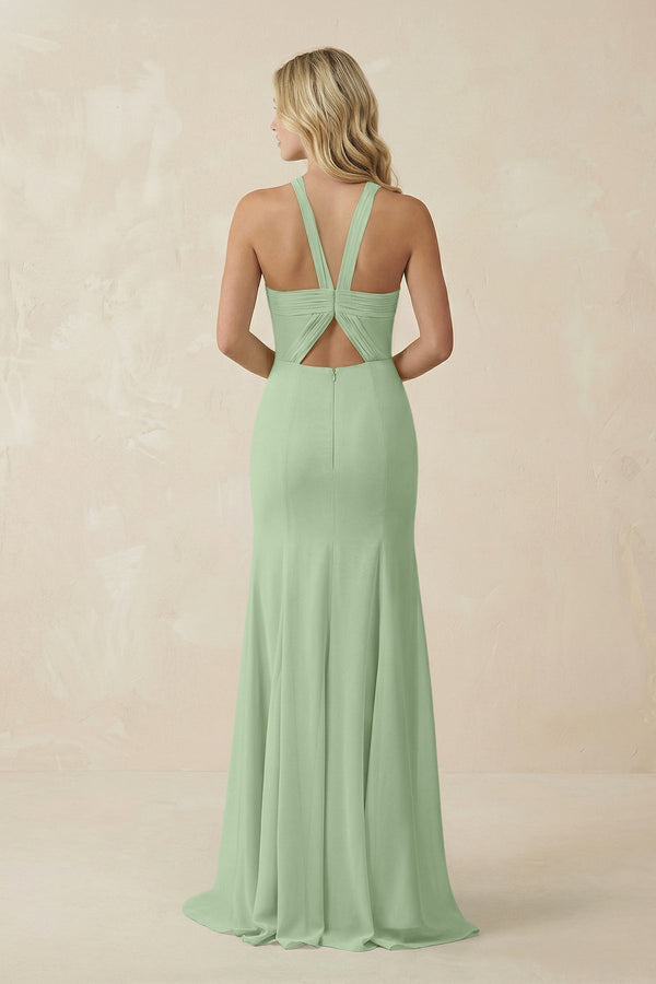 Halter Chiffon Mermaid Ruched Bridesmaid Dress in Sage - KissProm Bridesmaid Dresses