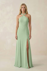 Halter Chiffon Mermaid Ruched Bridesmaid Dress in Sage - KissProm Bridesmaid Dresses