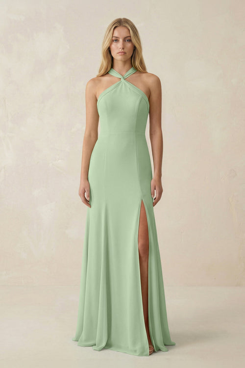 Halter Chiffon Mermaid Ruched Bridesmaid Dress in Sage - KissProm Bridesmaid Dresses