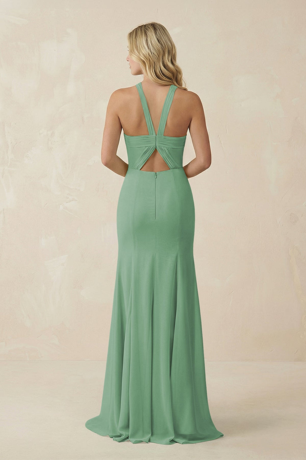 Halter Chiffon Mermaid Ruched Bridesmaid Dress in Sea Glass - KissProm Bridesmaid Dresses