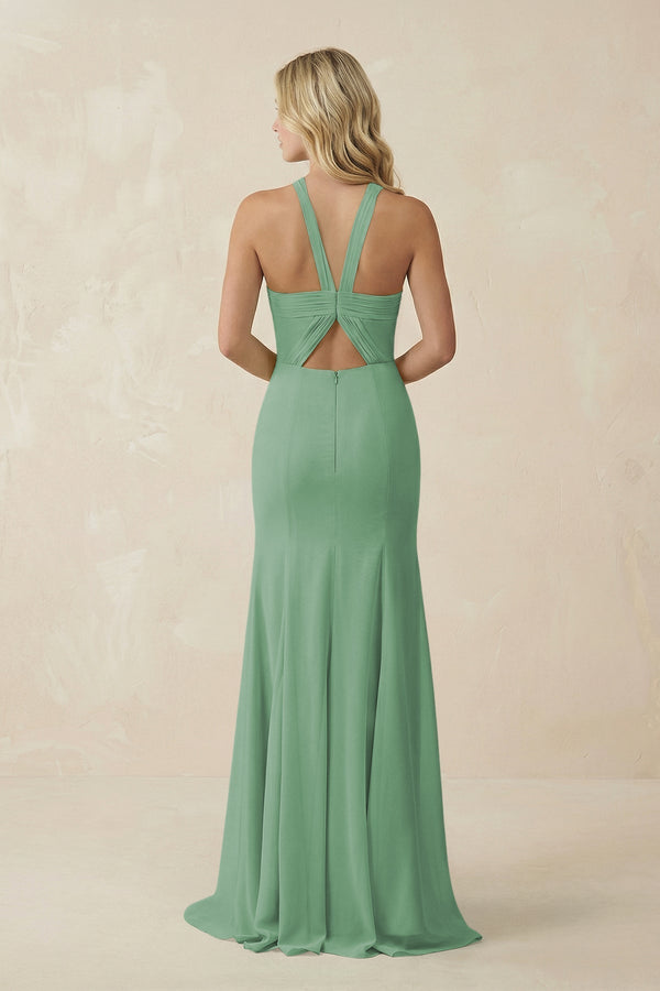 Halter Chiffon Mermaid Ruched Bridesmaid Dress in Sea Glass - KissProm Bridesmaid Dresses