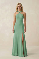 Halter Chiffon Mermaid Ruched Bridesmaid Dress in Sea Glass - KissProm Bridesmaid Dresses