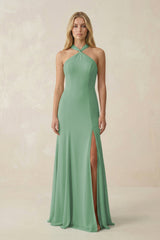 Halter Chiffon Mermaid Ruched Bridesmaid Dress in Sea Glass - KissProm Bridesmaid Dresses