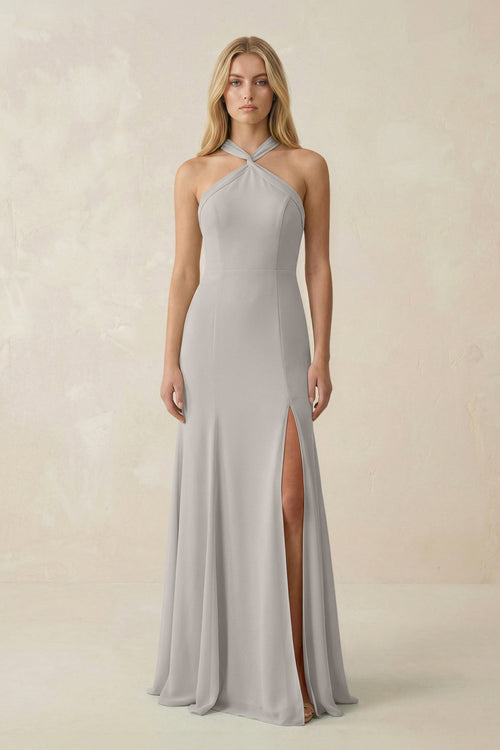 Halter Chiffon Mermaid Ruched Bridesmaid Dress in Silver - KissProm Bridesmaid Dresses
