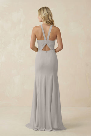 Halter Chiffon Mermaid Ruched Bridesmaid Dress in Silver - KissProm Bridesmaid Dresses