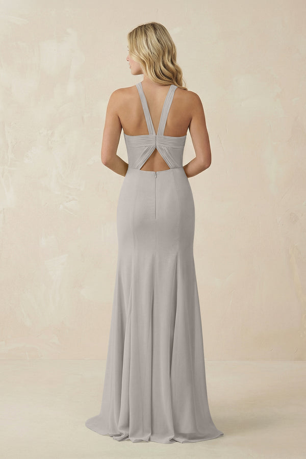 Halter Chiffon Mermaid Ruched Bridesmaid Dress in Silver - KissProm Bridesmaid Dresses