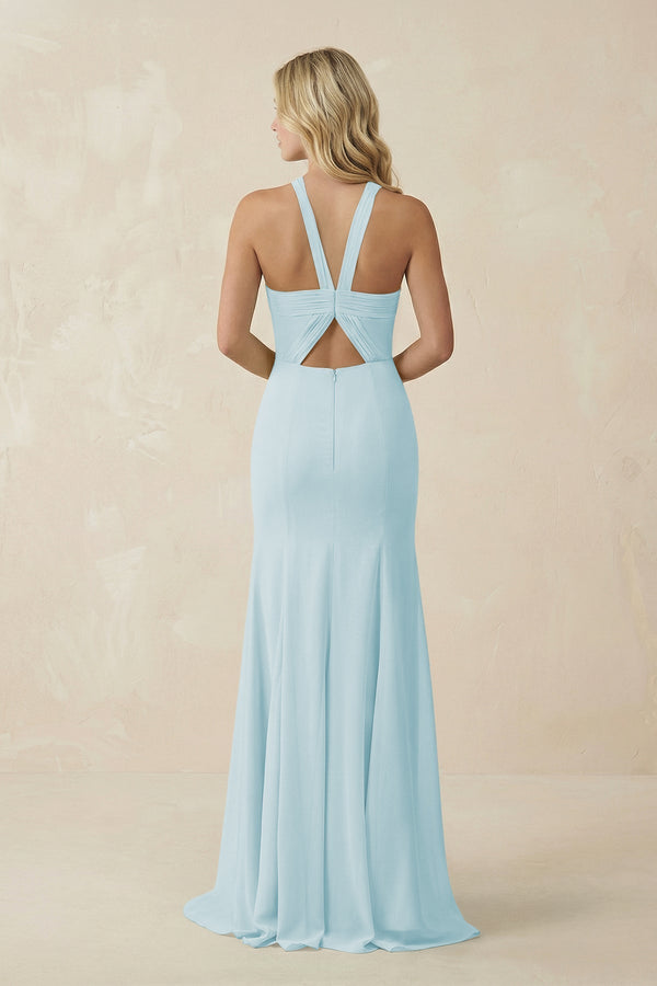 Halter Chiffon Mermaid Ruched Bridesmaid Dress in Sky Blue - KissProm Bridesmaid Dresses