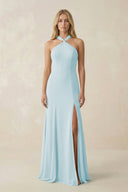 Halter Chiffon Mermaid Ruched Bridesmaid Dress in Sky Blue - KissProm Bridesmaid Dresses