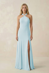 Halter Chiffon Mermaid Ruched Bridesmaid Dress in Sky Blue - KissProm Bridesmaid Dresses