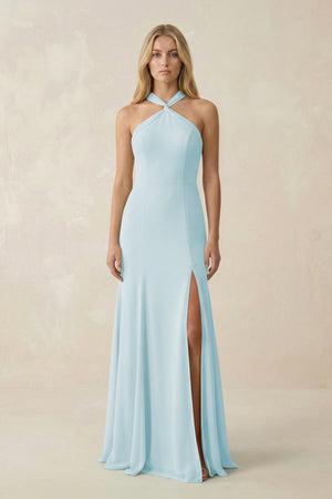 Halter Chiffon Mermaid Ruched Bridesmaid Dress in Sky Blue - KissProm Bridesmaid Dresses