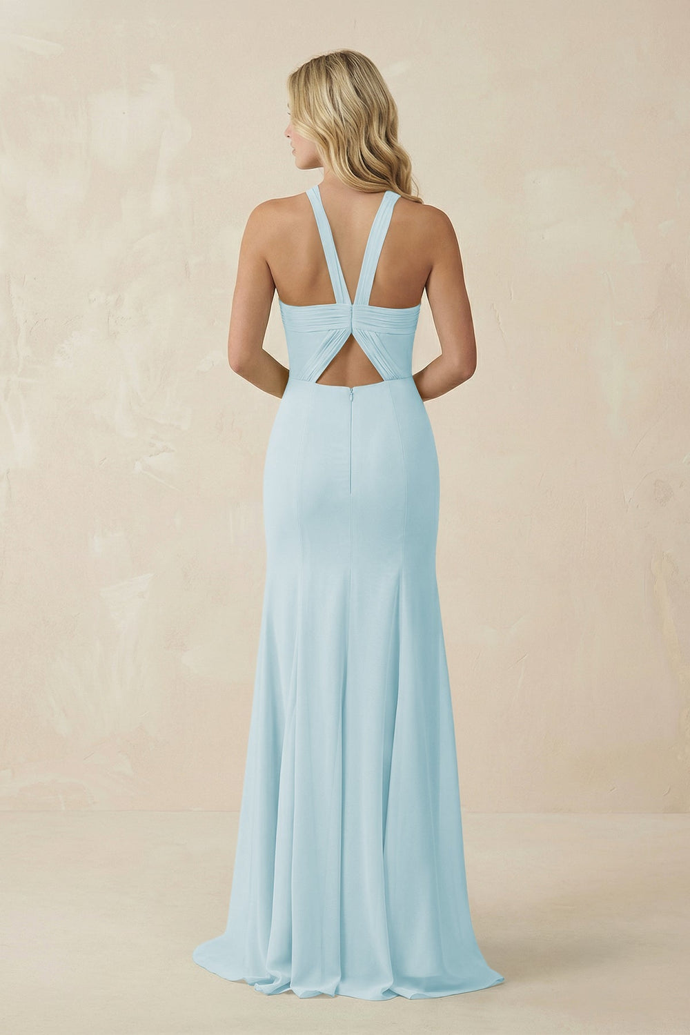 Halter Chiffon Mermaid Ruched Bridesmaid Dress in Sky Blue - KissProm Bridesmaid Dresses